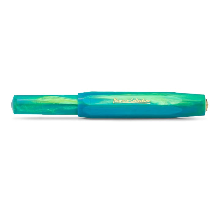 A horizontal pen with a translucent green and blue marbled body and gold 'Namaste Collection' branding, shown on a plain white background.
