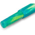 A close-up of a translucent green and blue pen or marker tip with a swirled marbled pattern, shown on a white background.