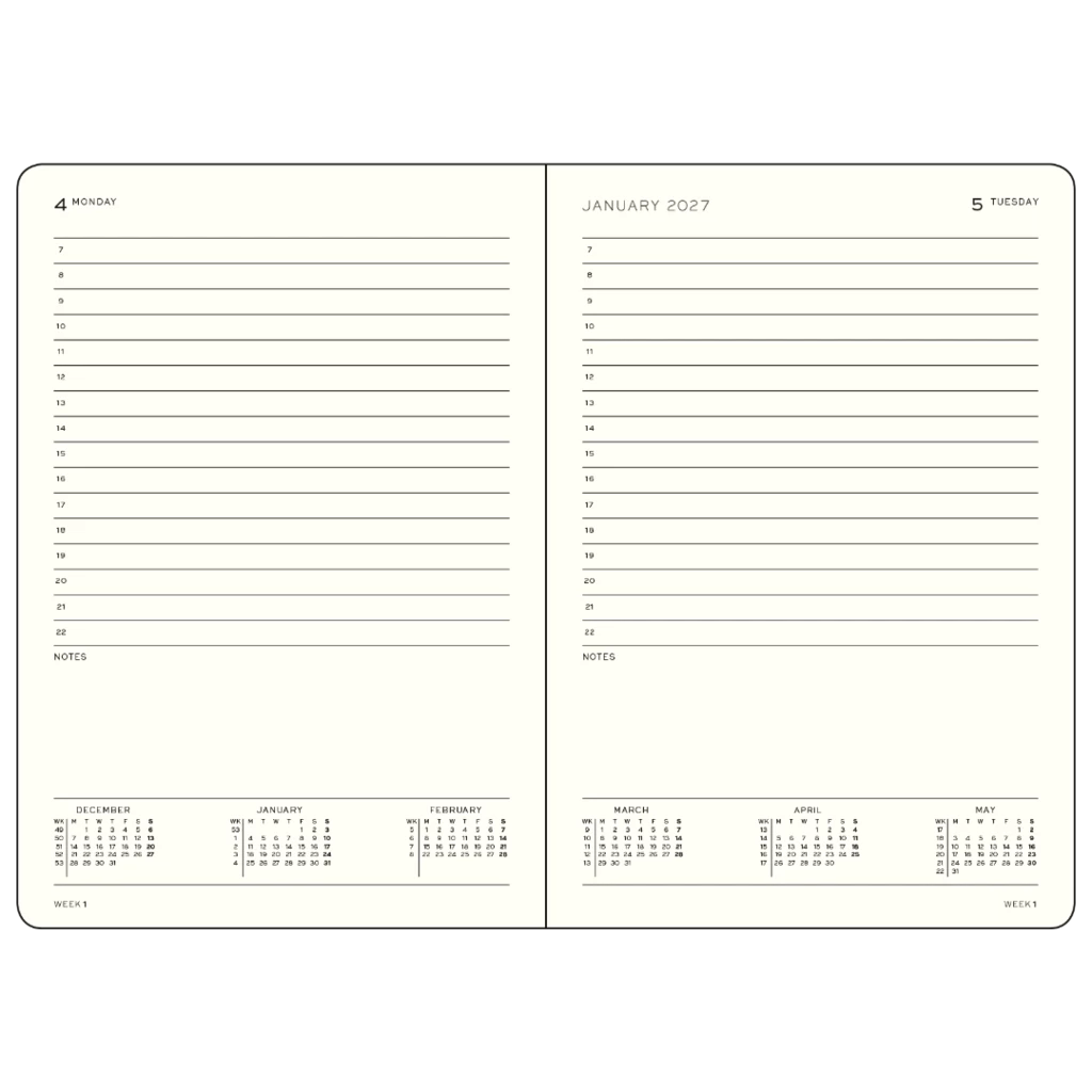 An open planner or calendar showing two cream-colored interior pages with lined writing areas, date headers, and small monthly calendar grids at the bottom.