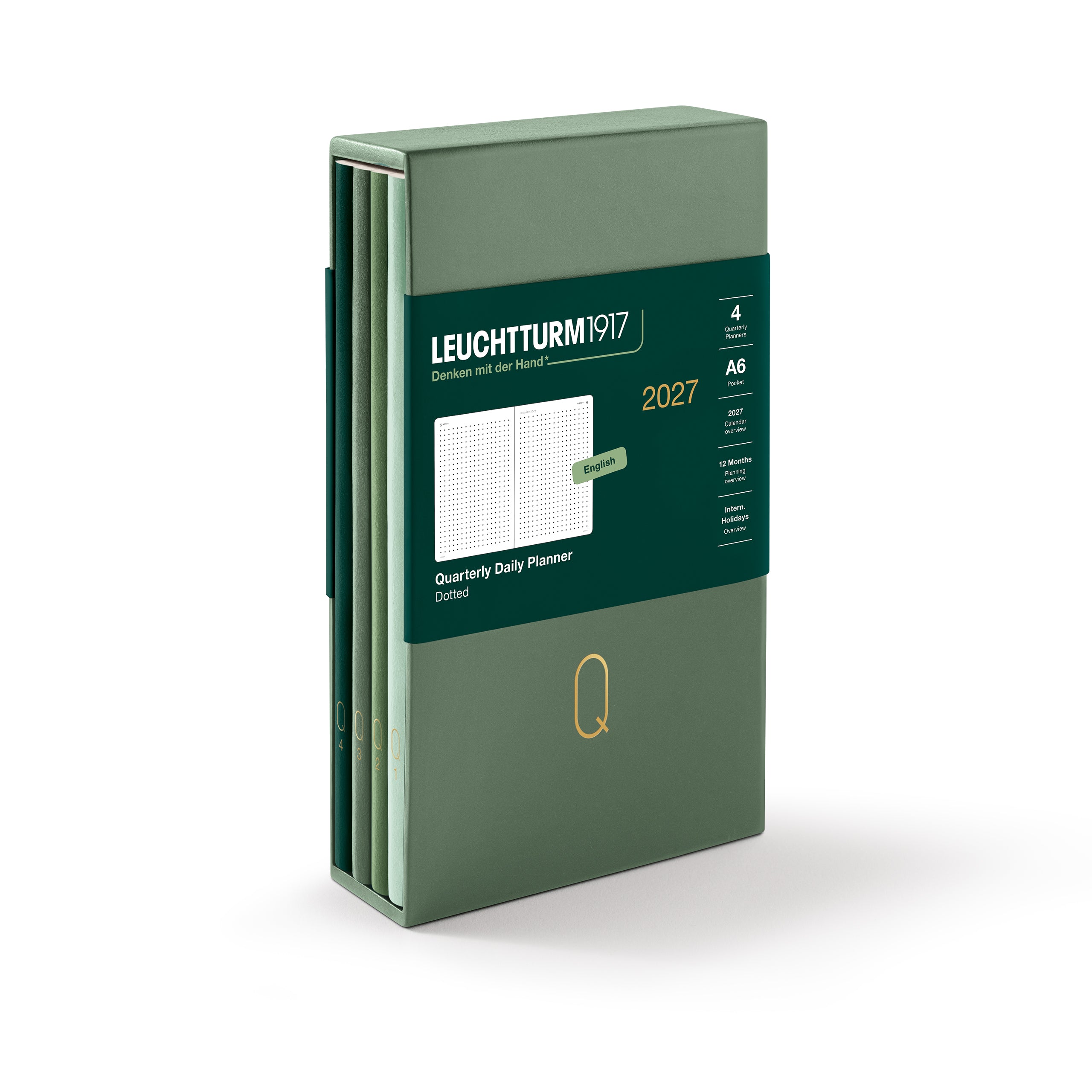Leuchtturm1917 2027 Quarterly Daily Planner in a dark green hardcover with a dark green paper band around the middle, displayed on a clean white background.