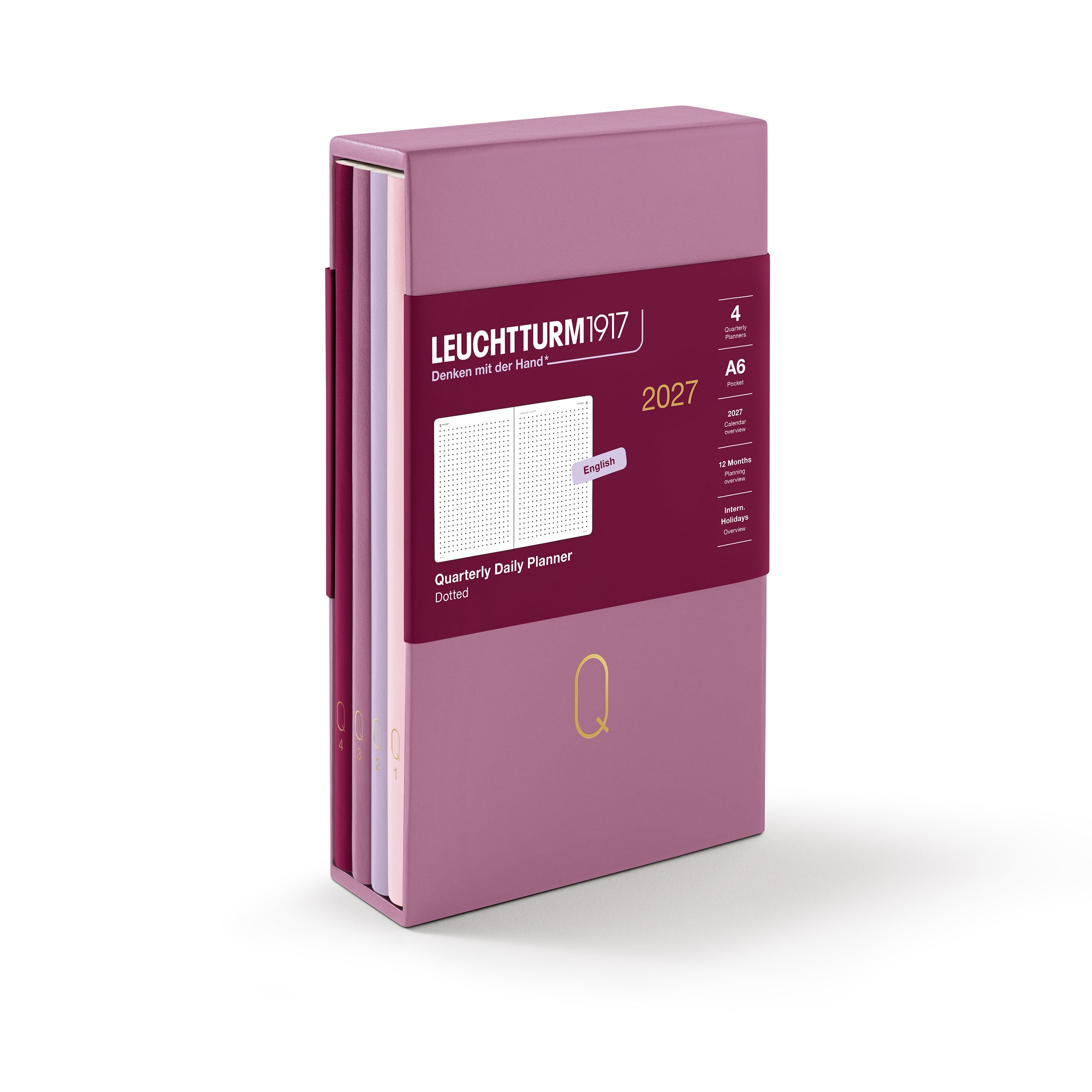 Leuchtturm1917 2027 Quarterly Daily Planner in a dusty purple color, featuring a dark red band with white text and a gold 'Q' logo on the front cover, set against a plain white background.