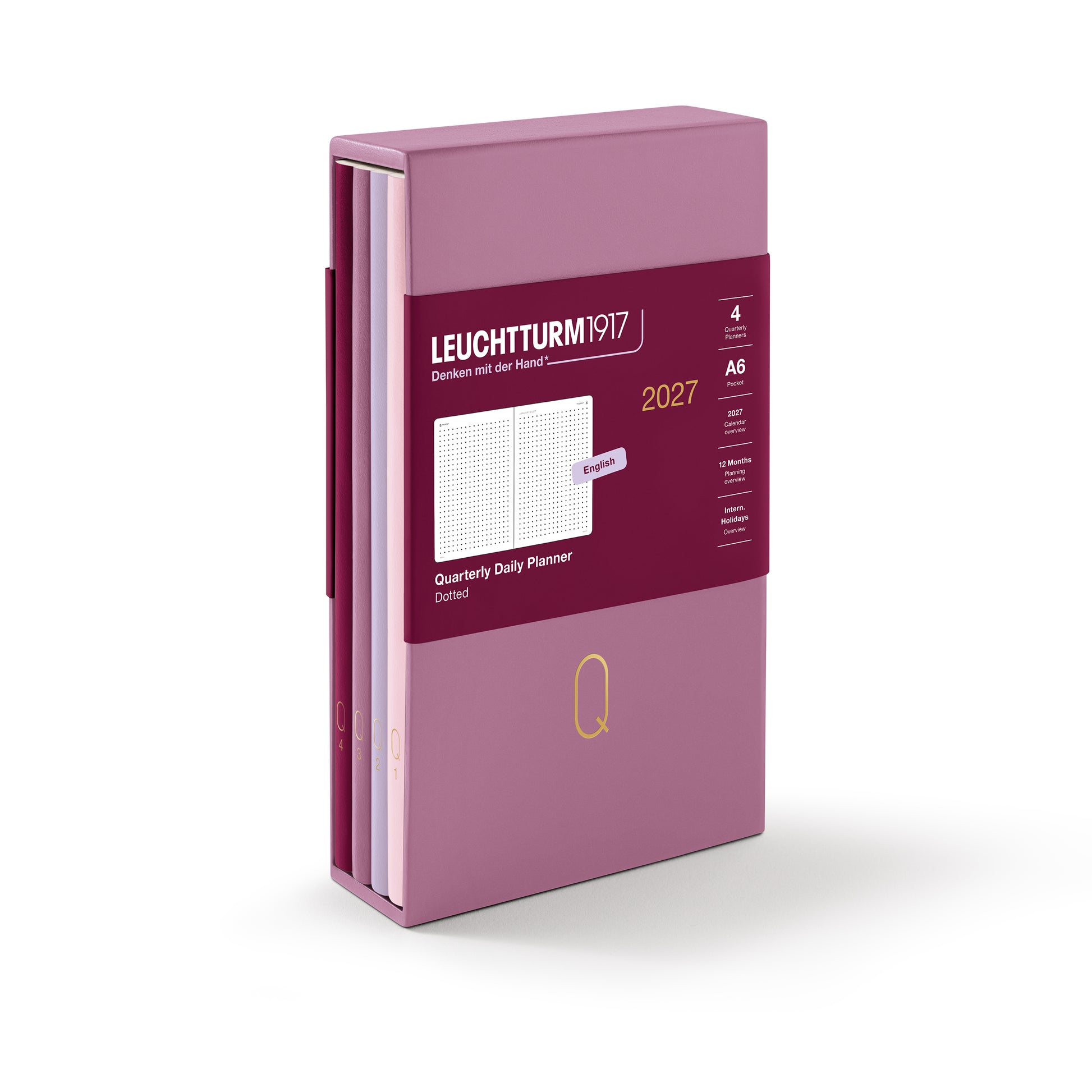 Leuchtturm1917 2027 Quarterly Daily Planner in a dusty purple color, featuring a dark red band with white text and a gold 'Q' logo on the front cover, set against a plain white background.