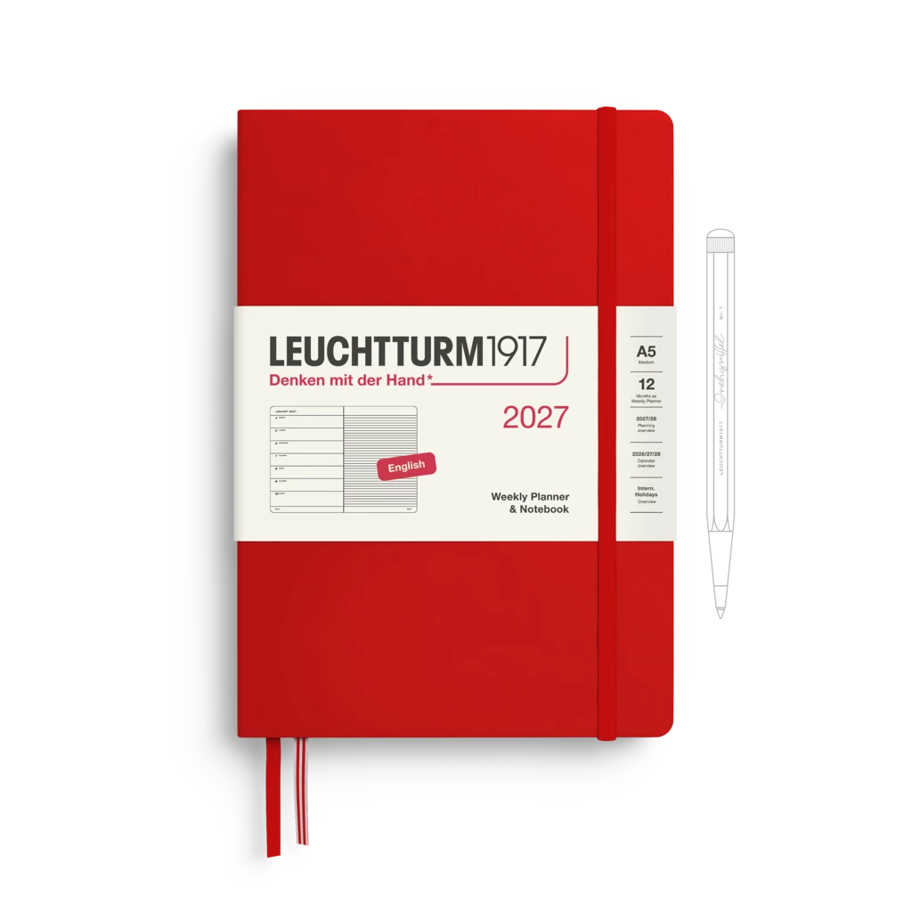 Red Leuchtturm1917 2027 weekly planner notebook with a white paper band and a matching red ribbon bookmark, shown on a white background with a line drawing of a pen beside it.