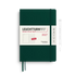 Leuchtturm1917 2027 weekly planner in dark forest green with a white paper band around the middle and a matching pen shown to the right, on a white background.