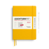 A Leuchtturm1917 2027 weekly planner notebook in a bright yellow hardcover, shown with a white paper band around the middle and a matching yellow ribbon bookmark. A thin pen outline is visible to the right on a clean white background.
