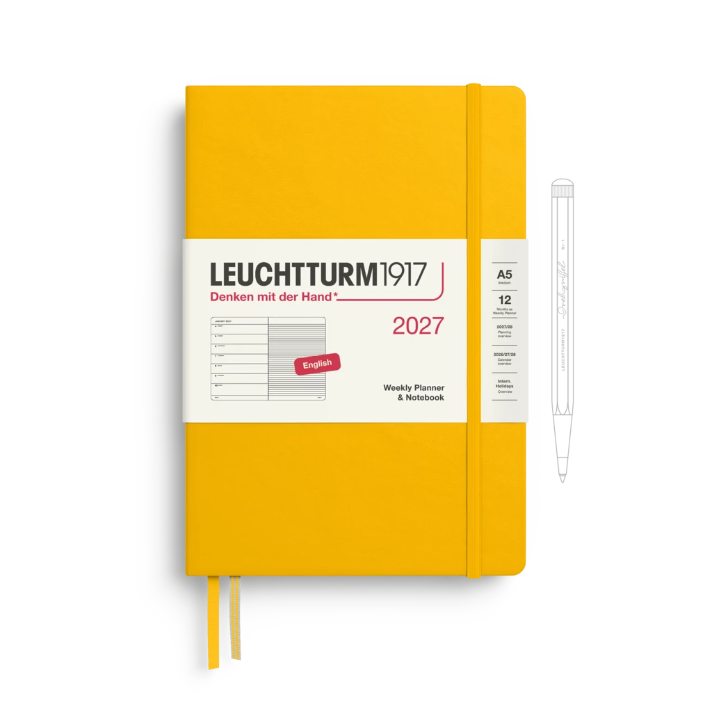 A Leuchtturm1917 2027 weekly planner notebook in a bright yellow hardcover, shown with a white paper band around the middle and a matching yellow ribbon bookmark. A thin pen outline is visible to the right on a clean white background.