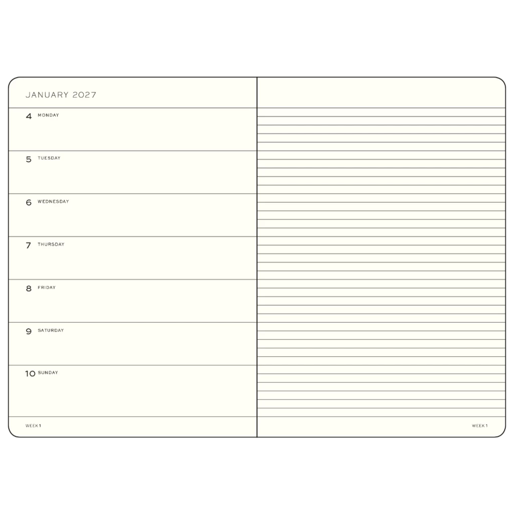 An off-white weekly planner insert page for January 2027, featuring a left column with daily headers from Monday to Sunday and a right column with lined writing space, shown on a plain white background.