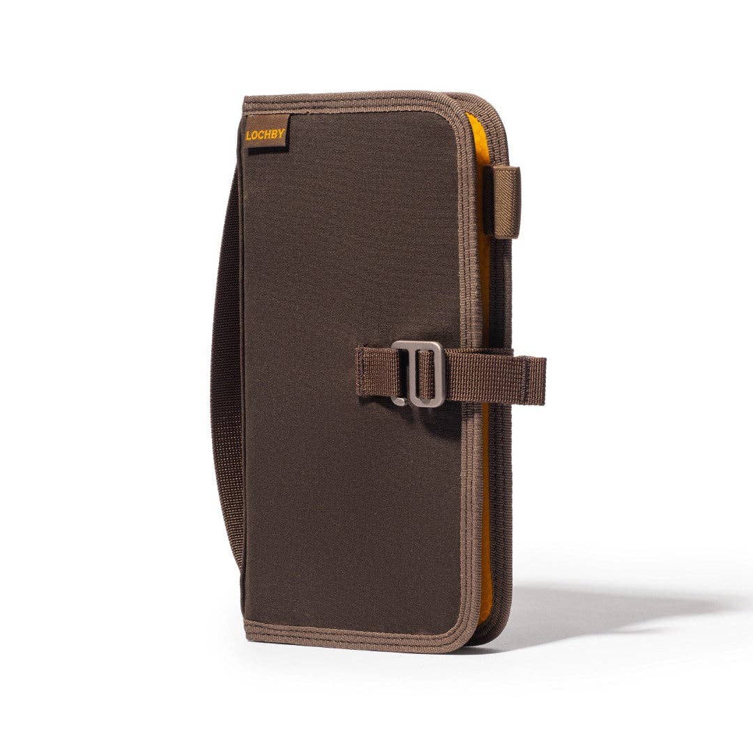 Brown pouch with a buckle on a white background