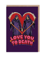 Two grim reapers holding hands and their scythes are in the shape of a heart on a purple background