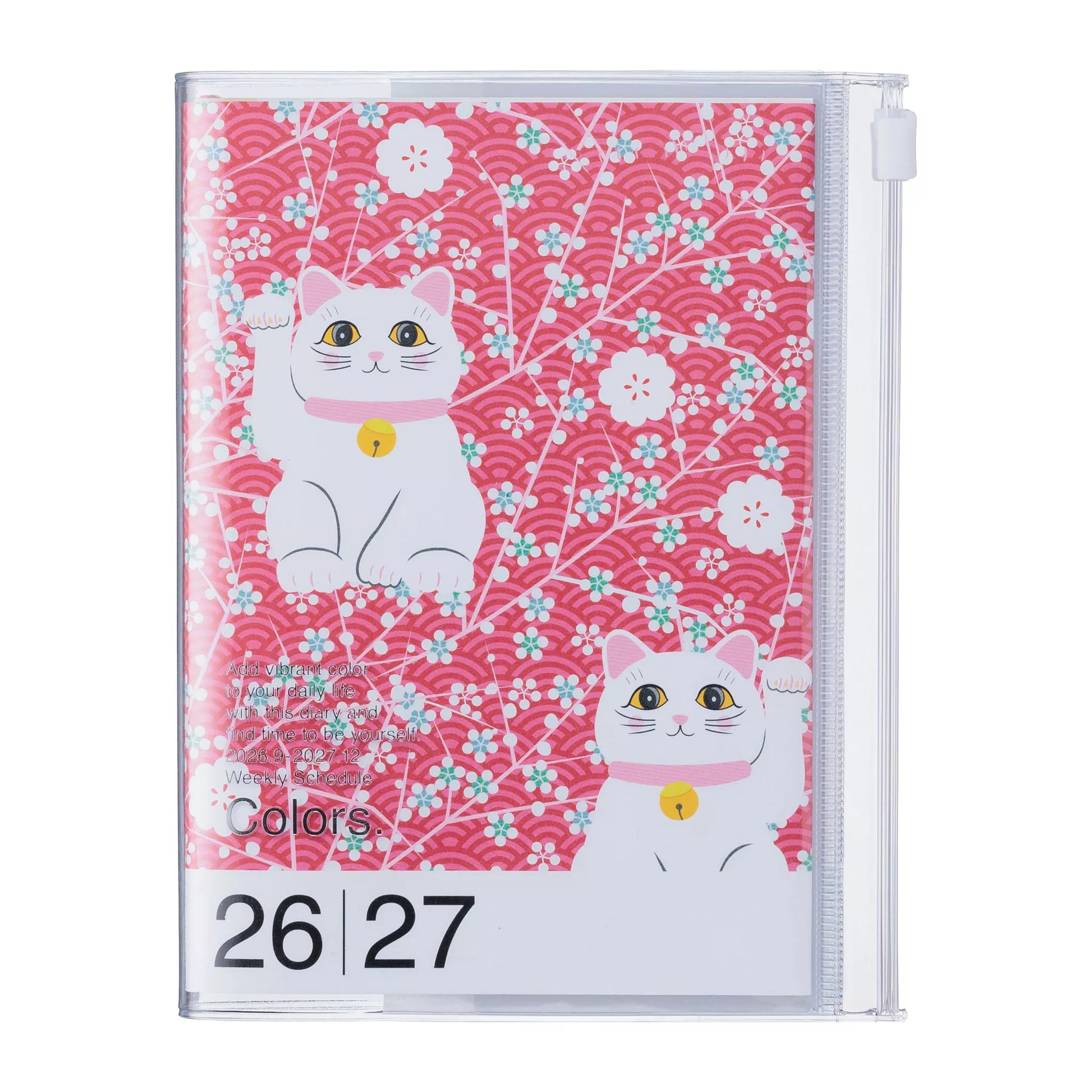 A clear plastic zippered file folder or organizer cover featuring a pink and white Japanese wave-patterned design with two white cats wearing pink collars. The bottom has a white label area with the text 'Colors' and '26|27'.