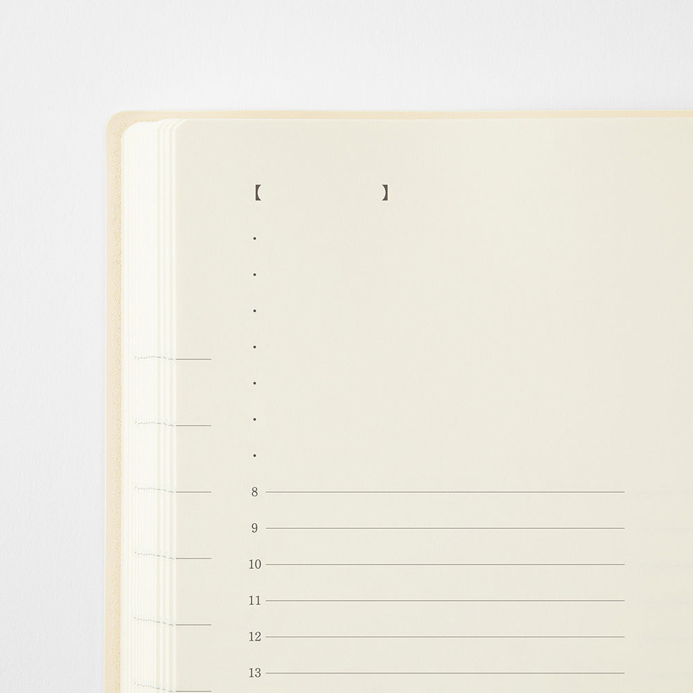 A close-up of a cream-colored notepad or planner page with printed black text placeholders and numbered lines on a white background.
