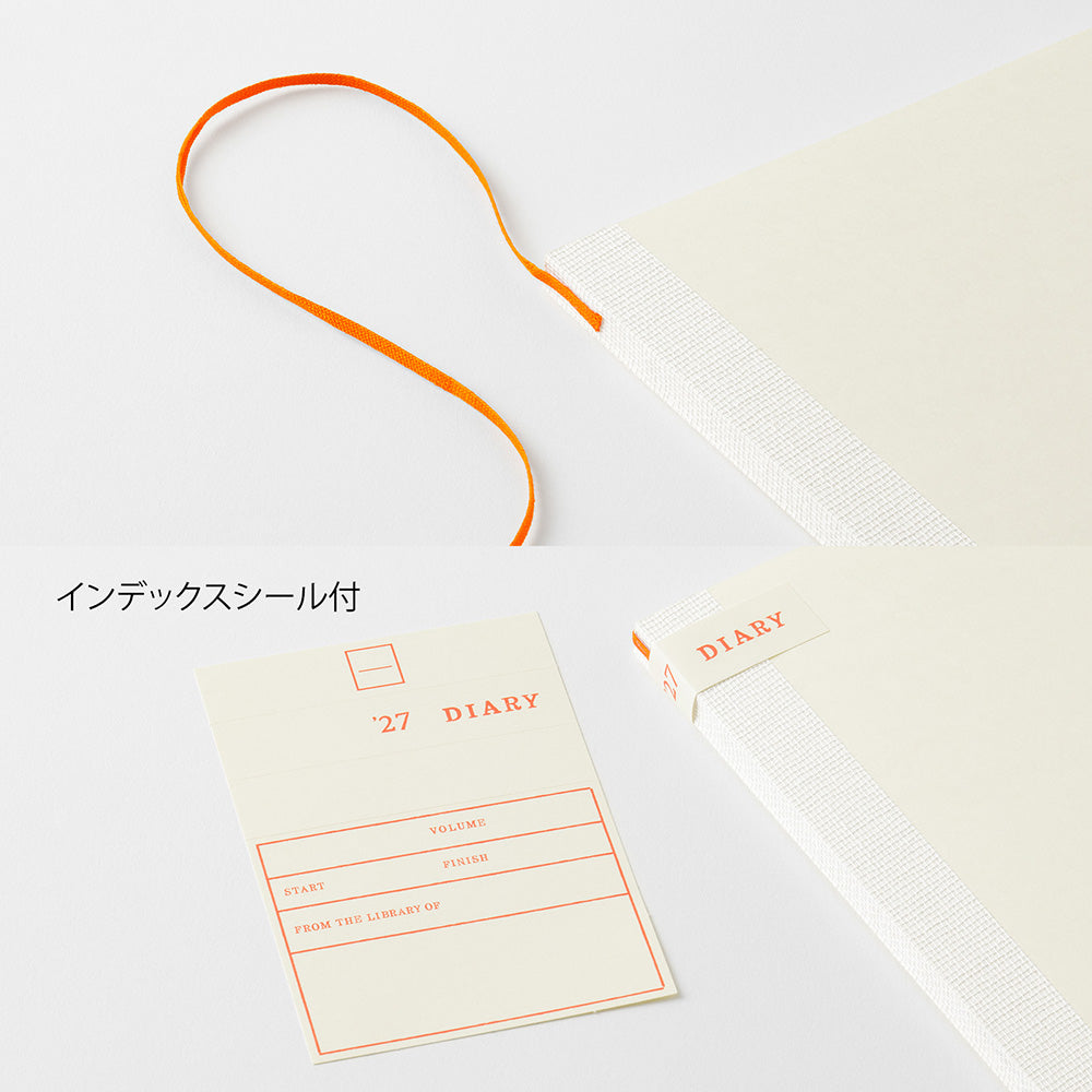 A cream-colored library card organizer box with an orange loop handle and matching orange printed details, shown alongside a sample library card insert with Japanese text on a white background.