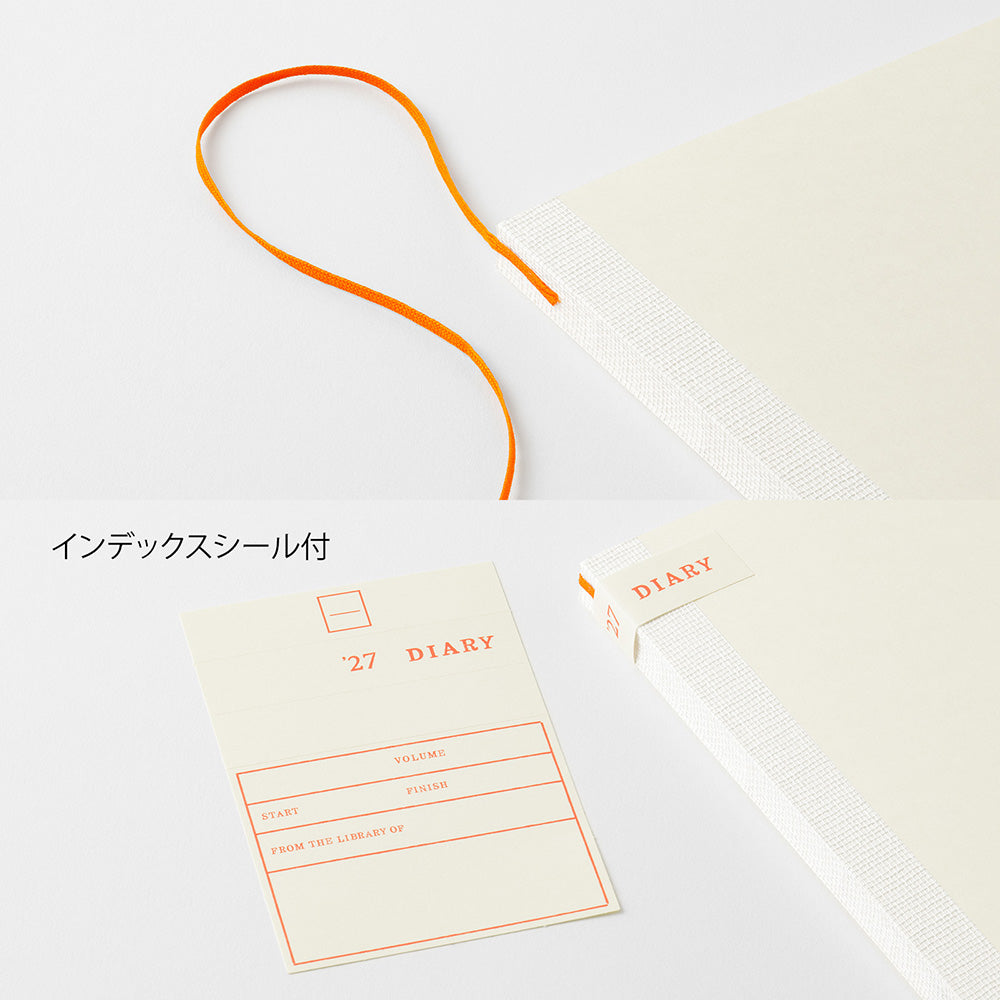 A cream-colored hardcover diary with an orange elastic loop handle, shown alongside a matching cream index sticker sheet with orange printed text. The image is set against a clean white background with Japanese text indicating an index sticker is included.