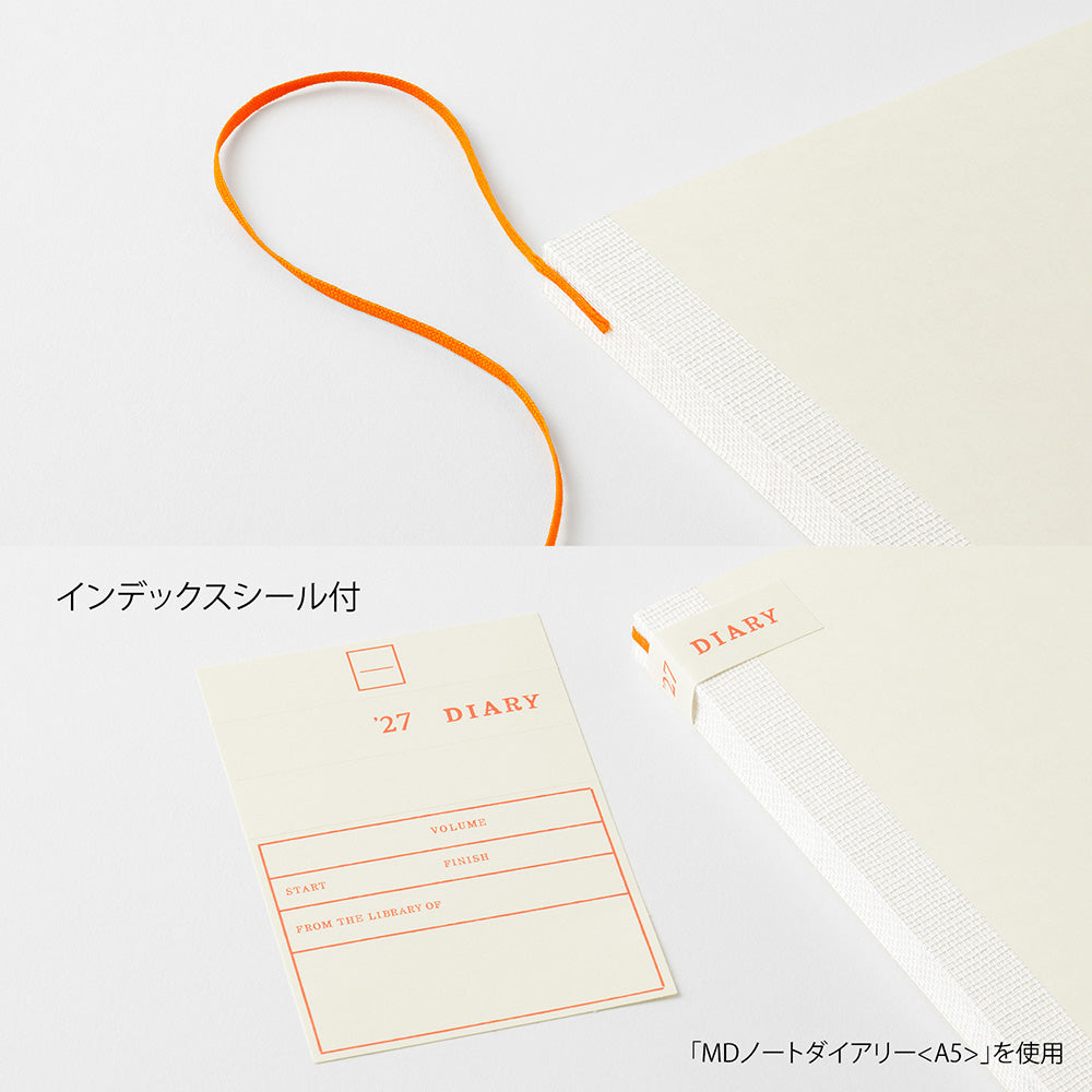 An off-white 21-day diary with a textured cover, featuring an orange elastic loop handle, a matching orange-and-cream library card insert, and Japanese text overlays describing the index seal and notebook compatibility.