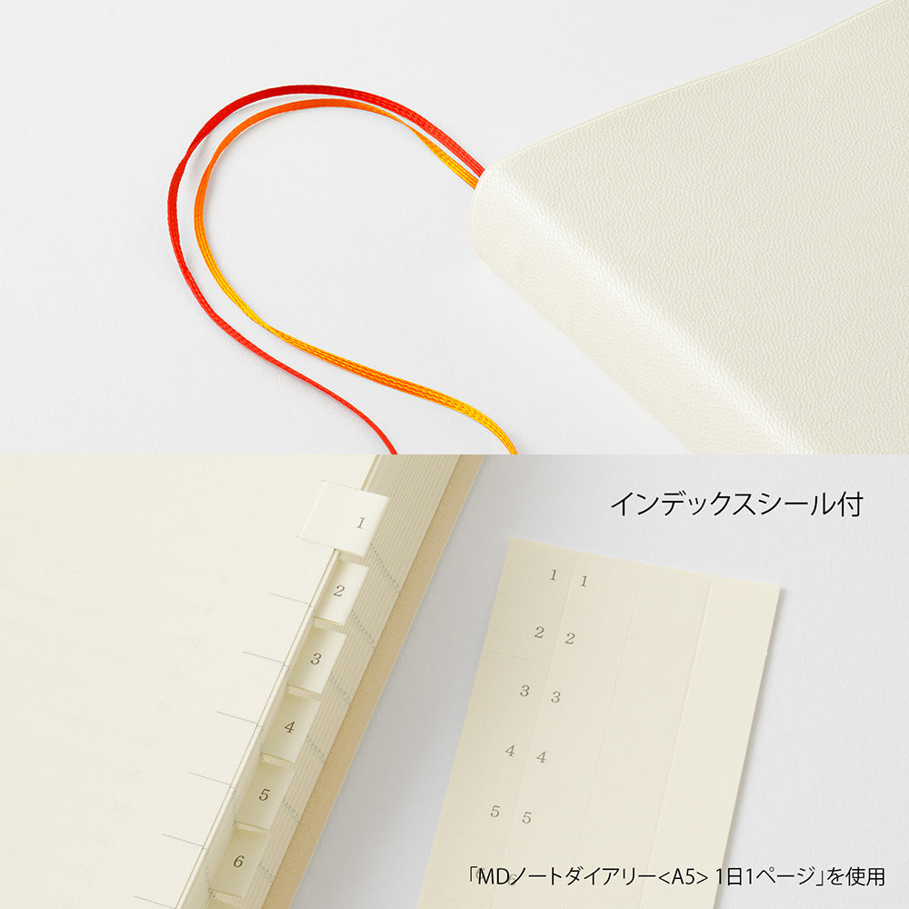 An off-white notebook or journal shown in a split view: the top half shows a close-up of the textured cover with two ribbon bookmarks in red and orange, and the bottom half shows the open interior with page tabs and a page insert labeled with page numbers. Japanese text appears on the right.