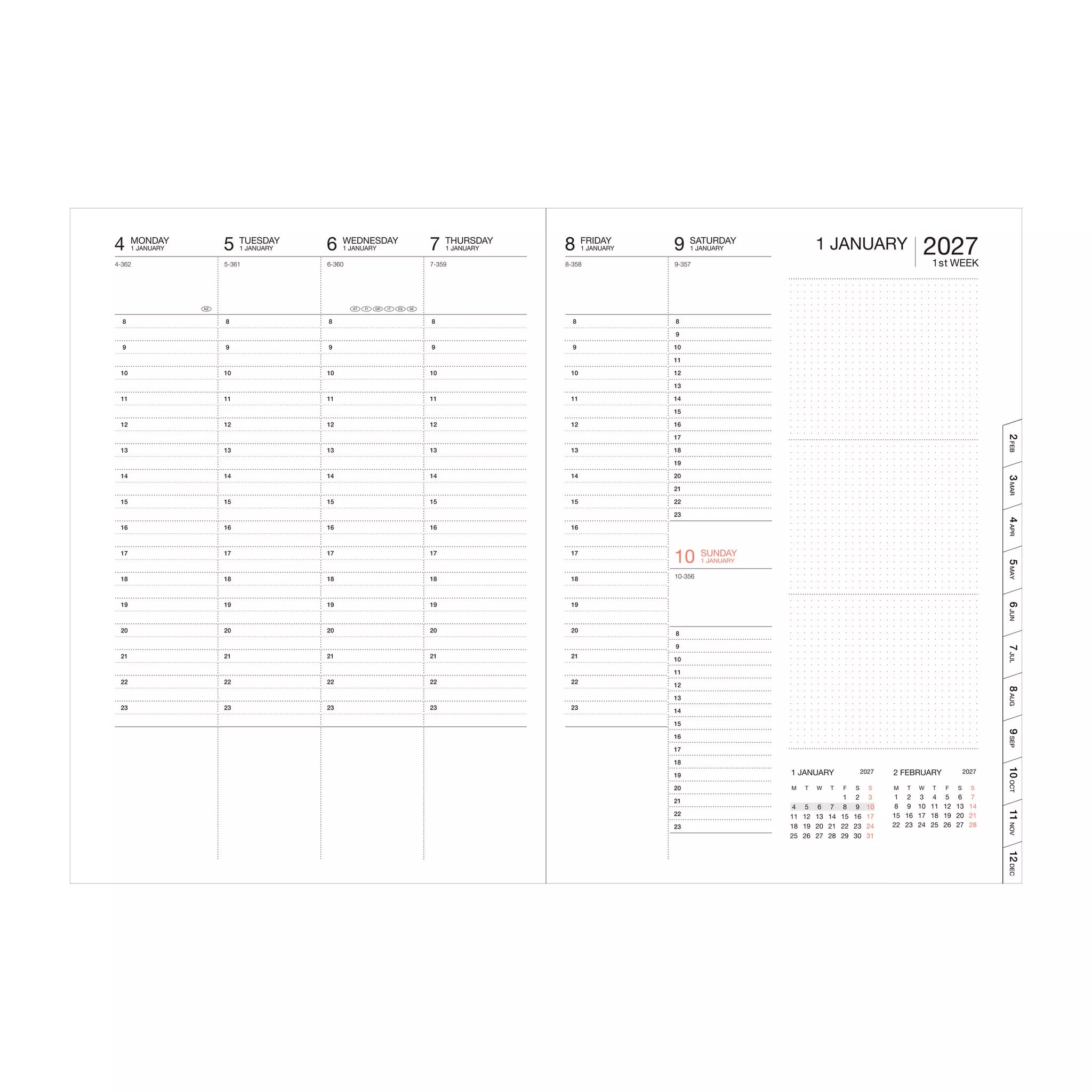 Calendar page for January 2027 with grid layout and date indicators.