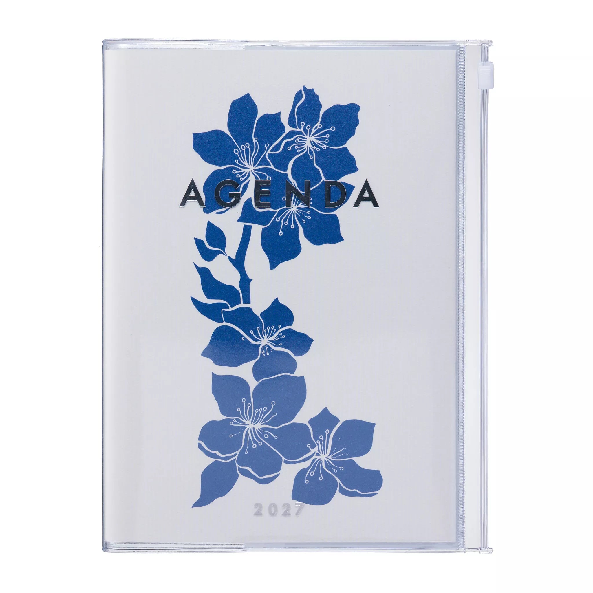 Clear planner cover with blue floral design and 'AGENDA' text on a white background