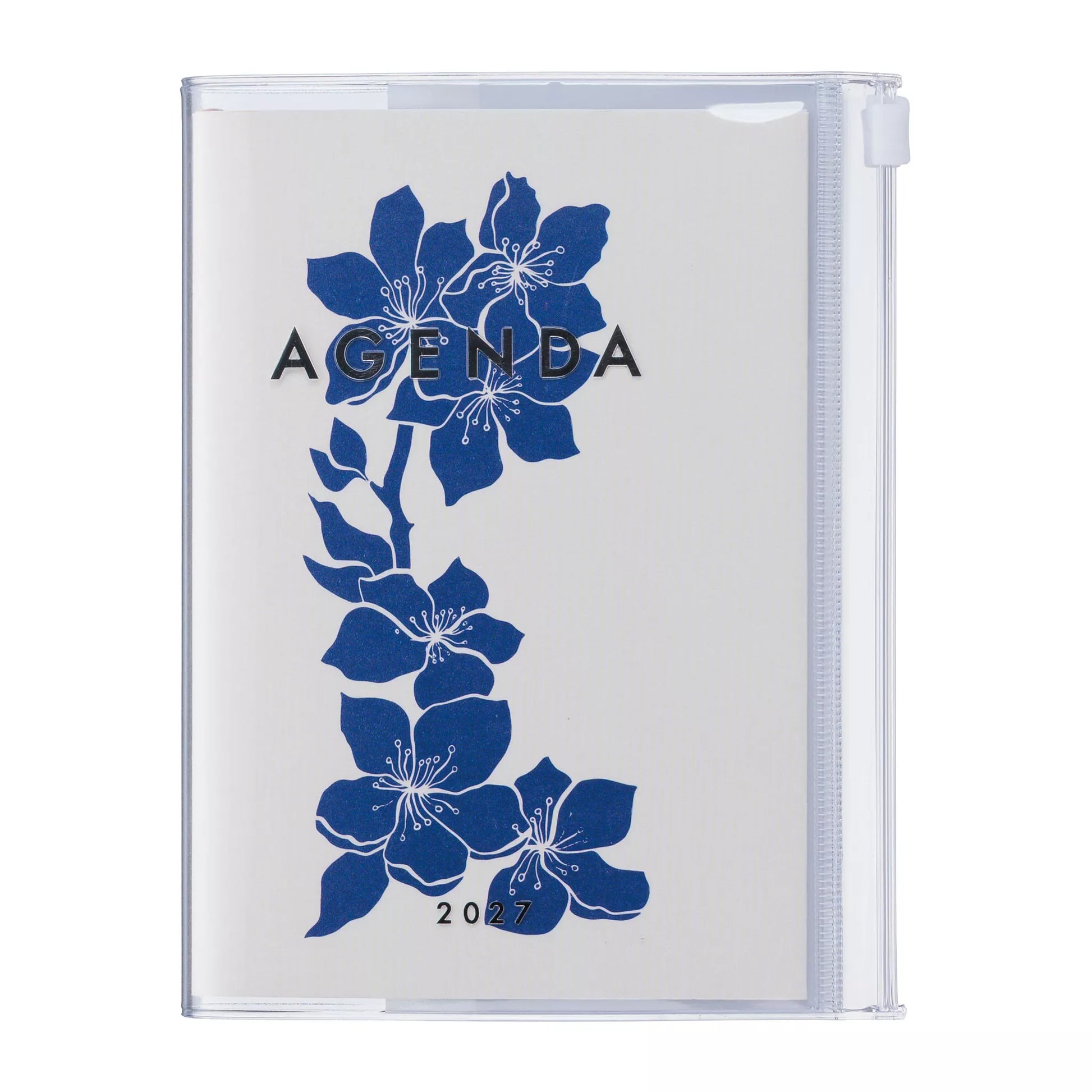 Plastic-bound notebook with blue floral design and 'AGENDA' text on a white background