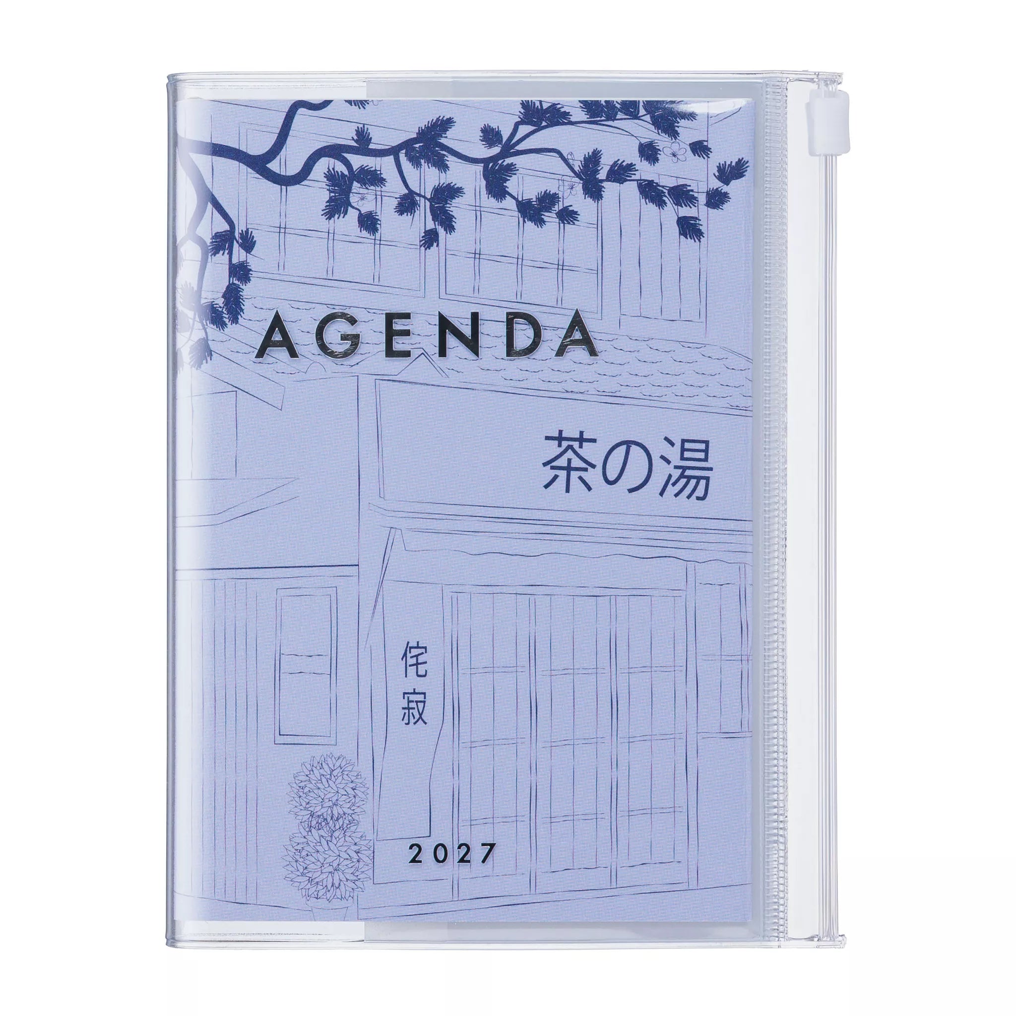 A clear plastic zippered agenda case with a light blue and white illustrated cover featuring Japanese text and a building line drawing. The word 'AGENDA' is printed across the front.