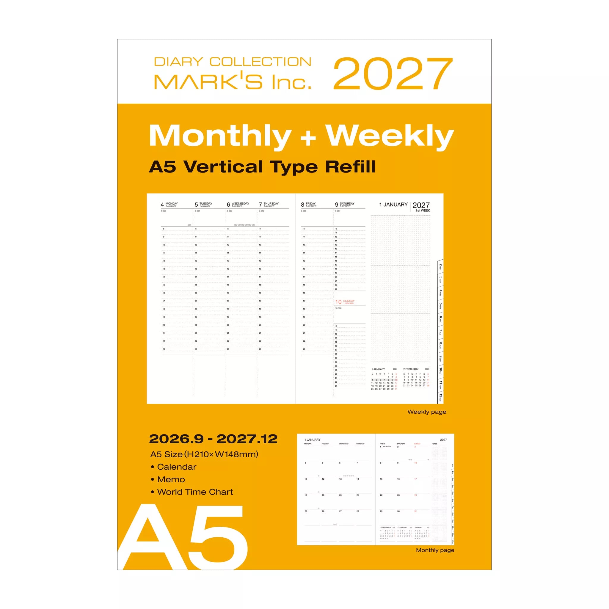2027 monthly and weekly planner refill with A5 size on a white background
