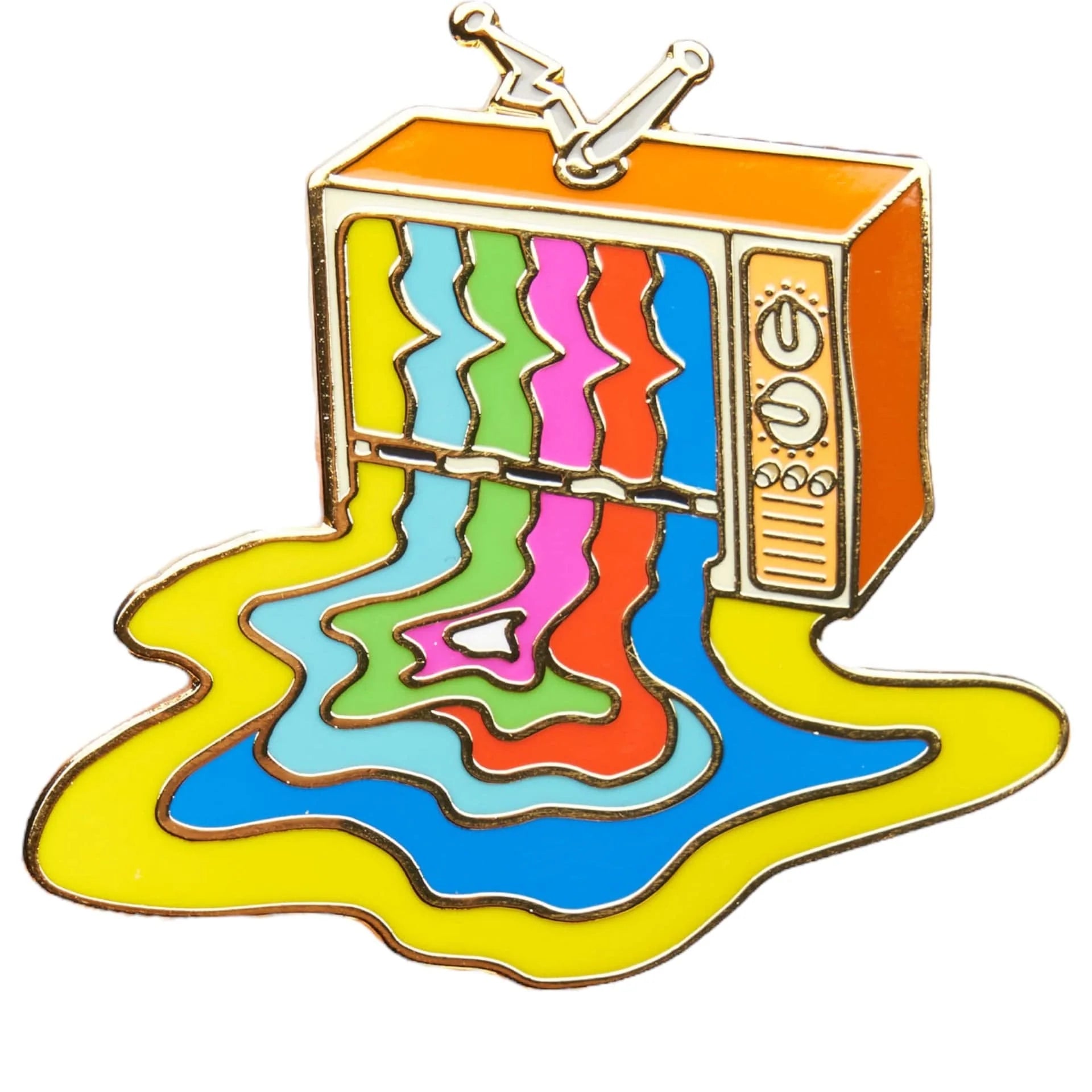 A retro television enamel pin with colorful wavy lines resembling static or melted plastic dripping from the screen onto a yellow puddle-like base, shown on a plain white background.