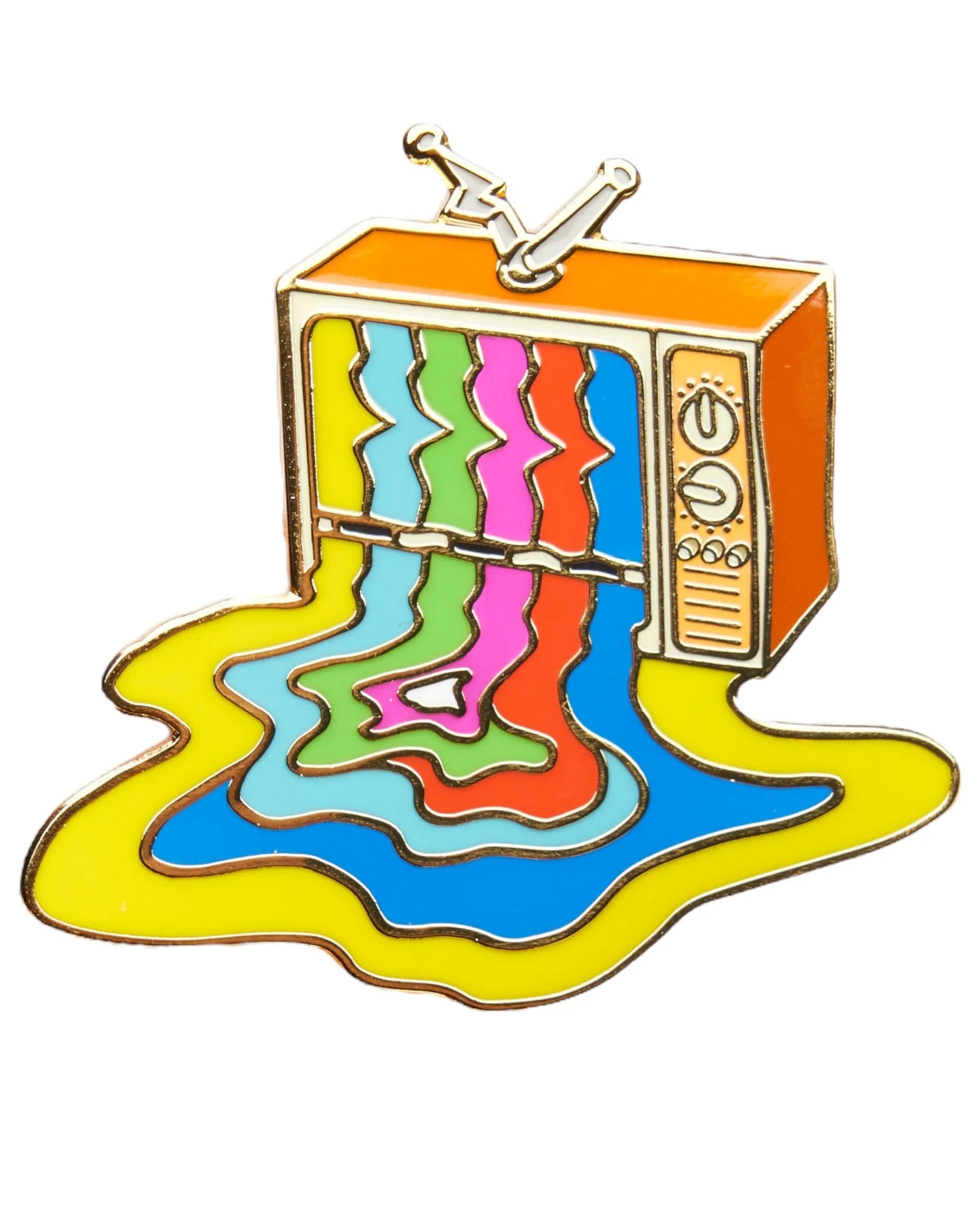 A retro television enamel pin with colorful wavy lines resembling static or melted plastic dripping from the screen onto a yellow puddle-like base, shown on a plain white background.