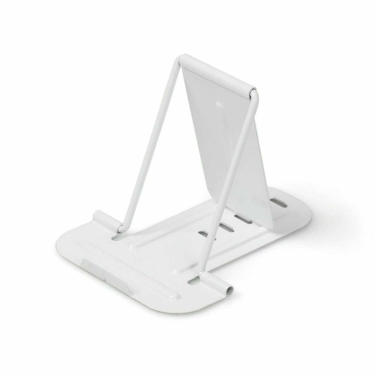 White metal phone stand on a white background