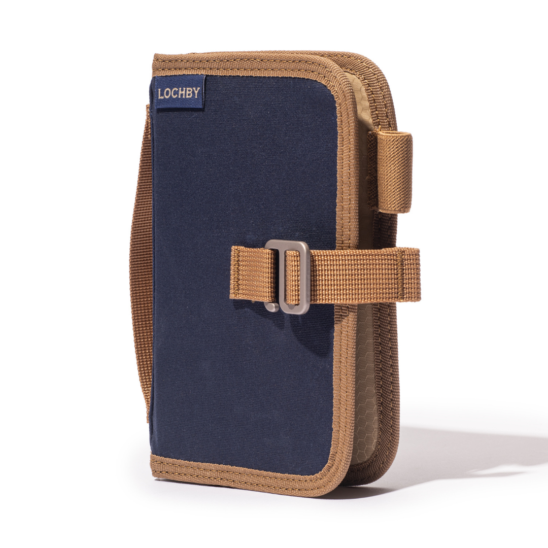 Navy pouch with brown strap and buckle on a white background