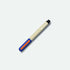 Pen with a blue and orange clip on a light gray background