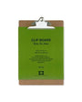 Green clipboard with brown clip holder on a white background