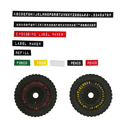 Two label maker refill wheels with branding on a white background
