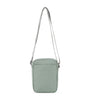 Pewter crossbody bag with a quilted pattern on a white background