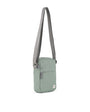 Pewter crossbody bag with a gray strap on a white background