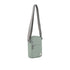 Pewter crossbody bag with a gray strap on a white background