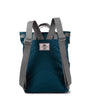 teal coloured backpack with grey straps in front of a white background