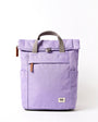 lavender coloured backpack on a white background