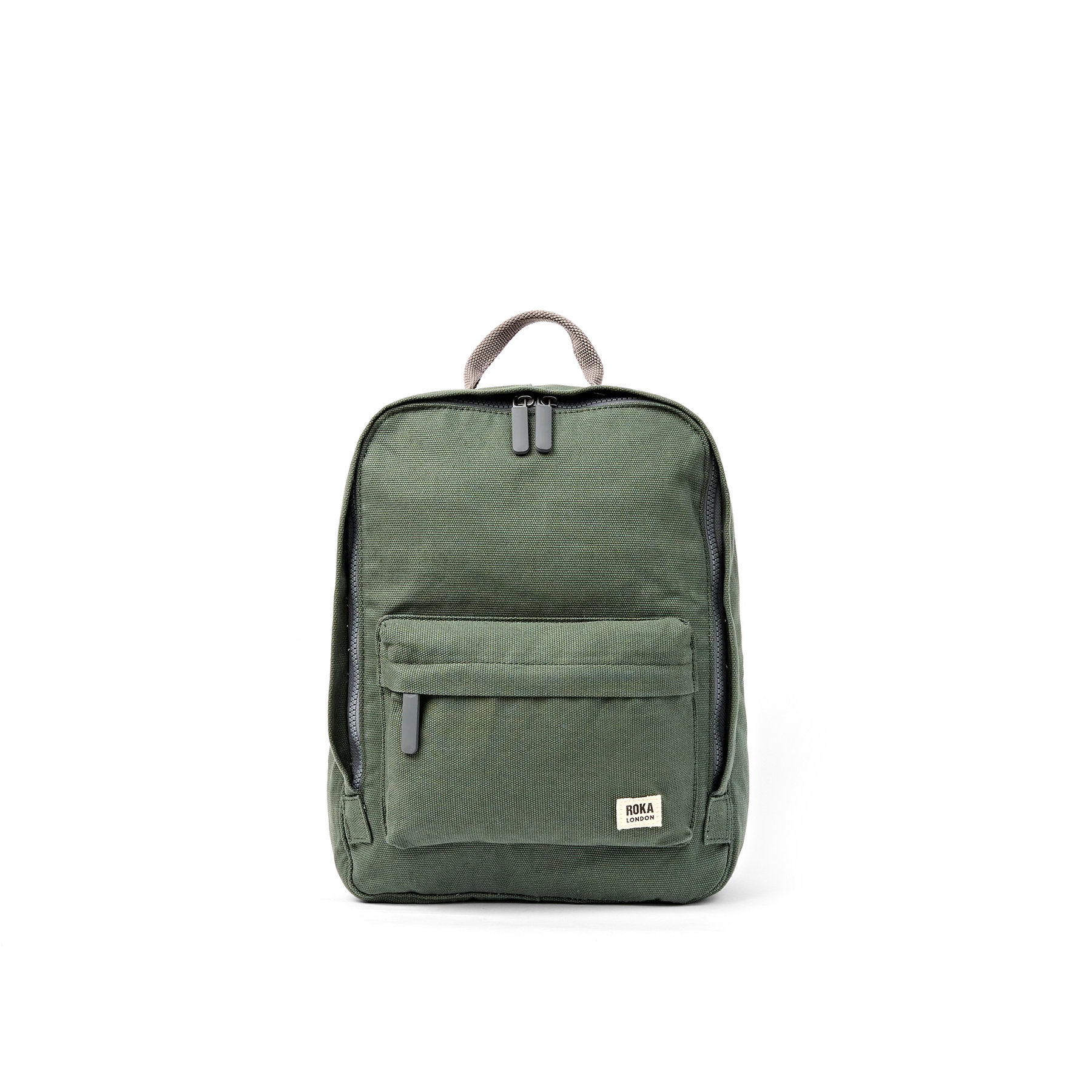 An olive green canvas backpack with a top carry handle, a front zippered pocket, and a small 'SOL'S' brand patch on the lower right corner, shown against a plain white background.