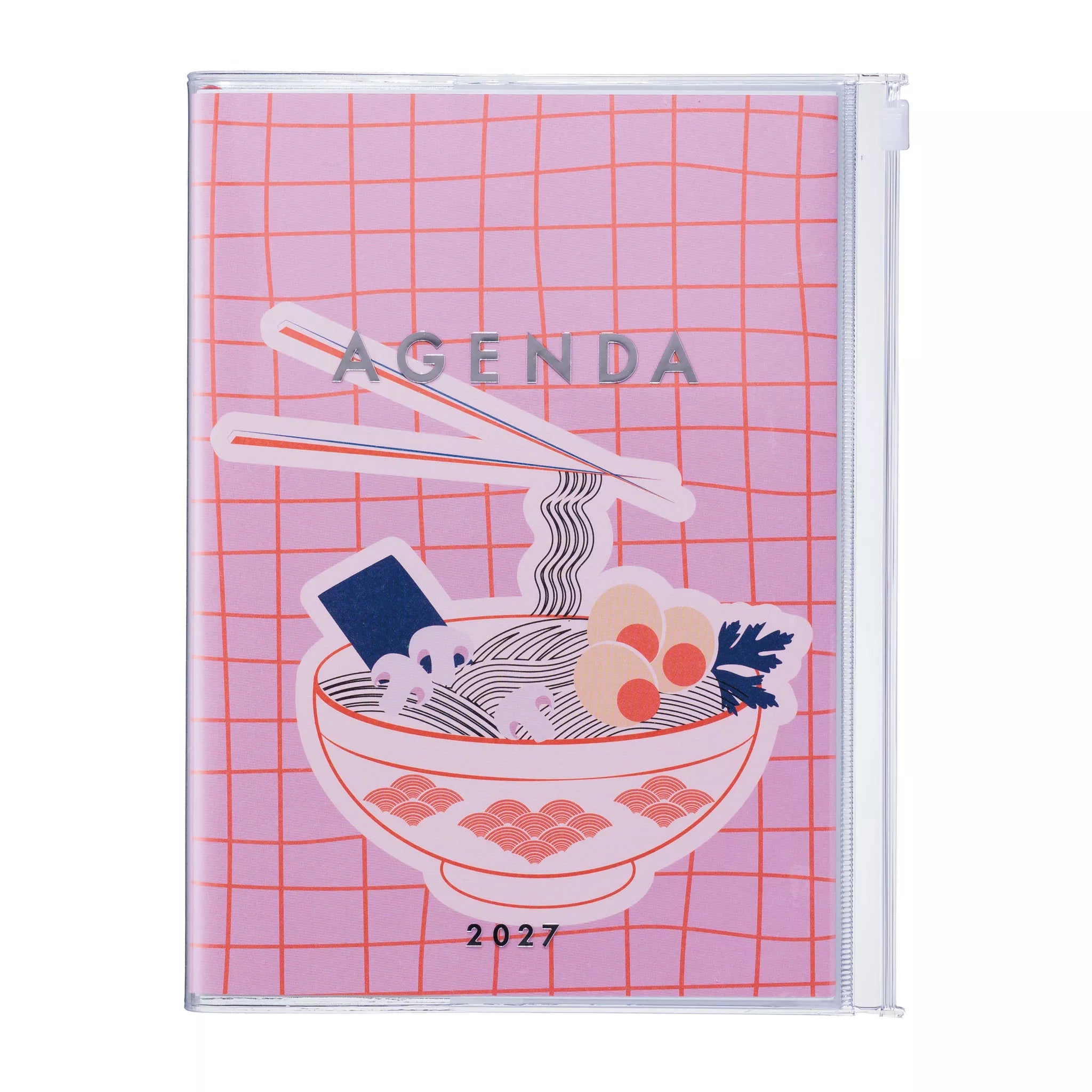 2022 planner with noodle bowl illustration on a pink grid background