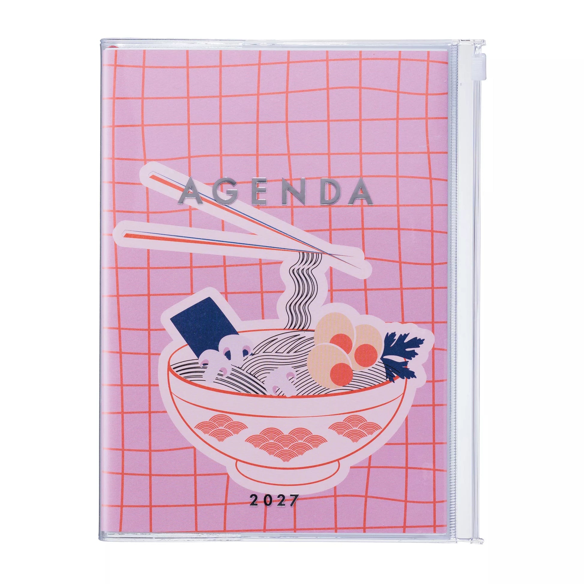 2022 planner with noodle bowl illustration on a pink grid background