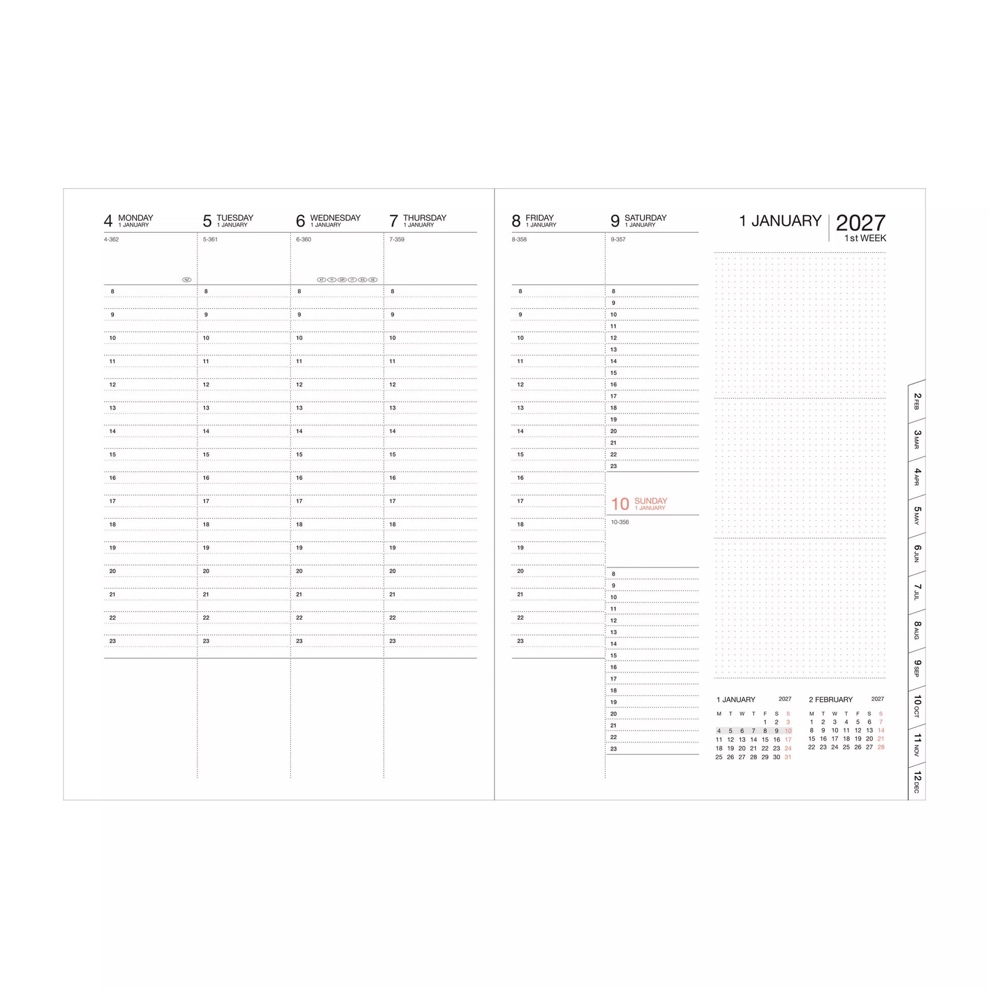 Calendar page for January 2027 with grid layout and date indicators.