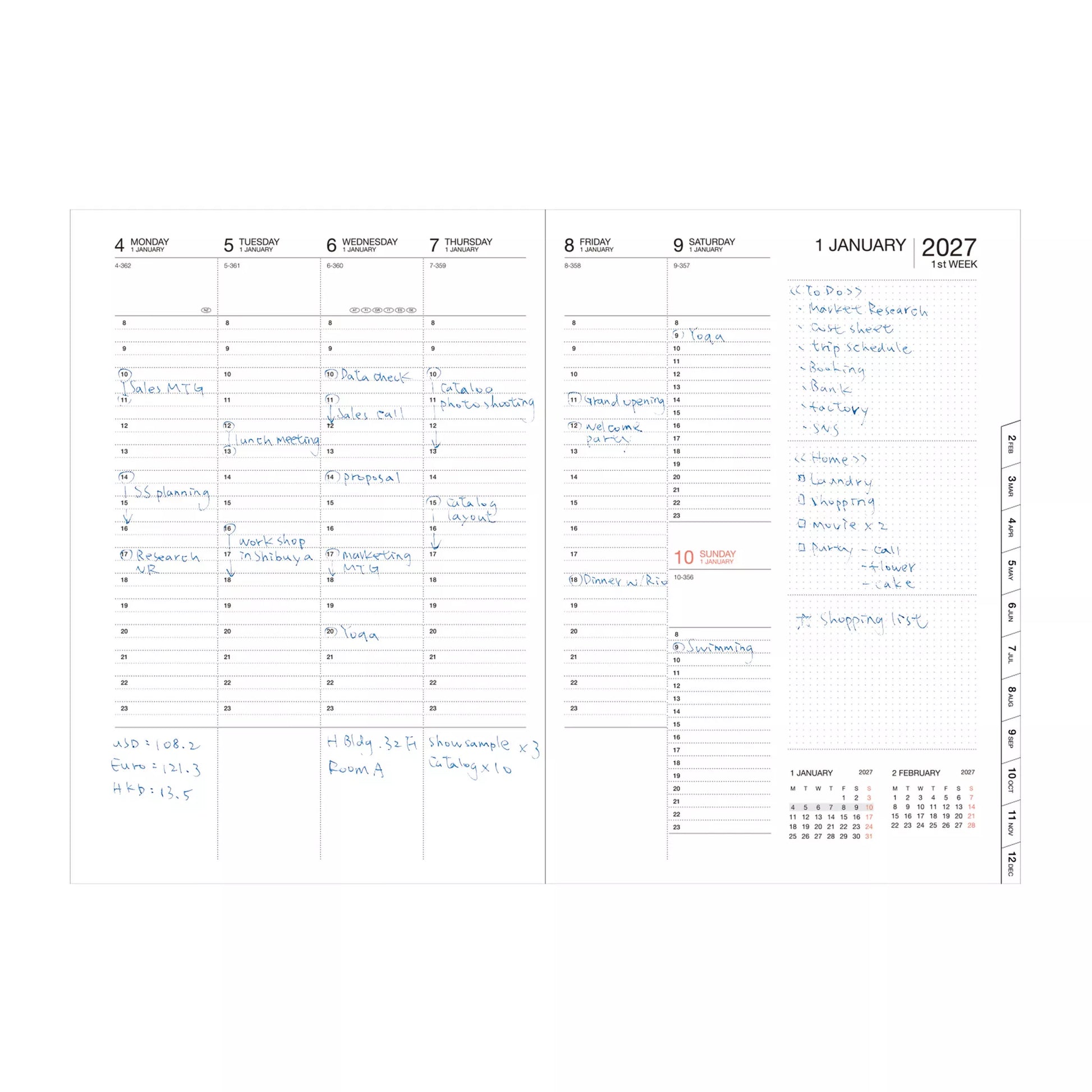 Two-page calendar for January 2027 with handwritten notes.