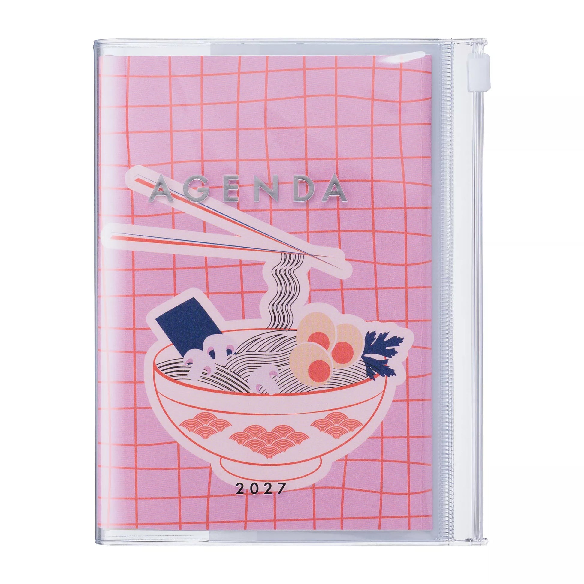 2027 agenda with ramen illustration on a pink grid background