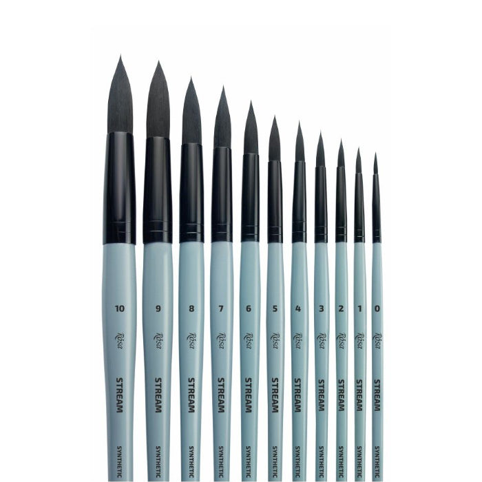 A set of ten STREAM watercolor brushes in graduated sizes, arranged vertically. The brushes have light blue-gray handles, black ferrules, and dark gray bristles, with the brush numbers 0 to 10 printed on the handles.