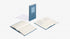 Blue notebook with open pages on a white background