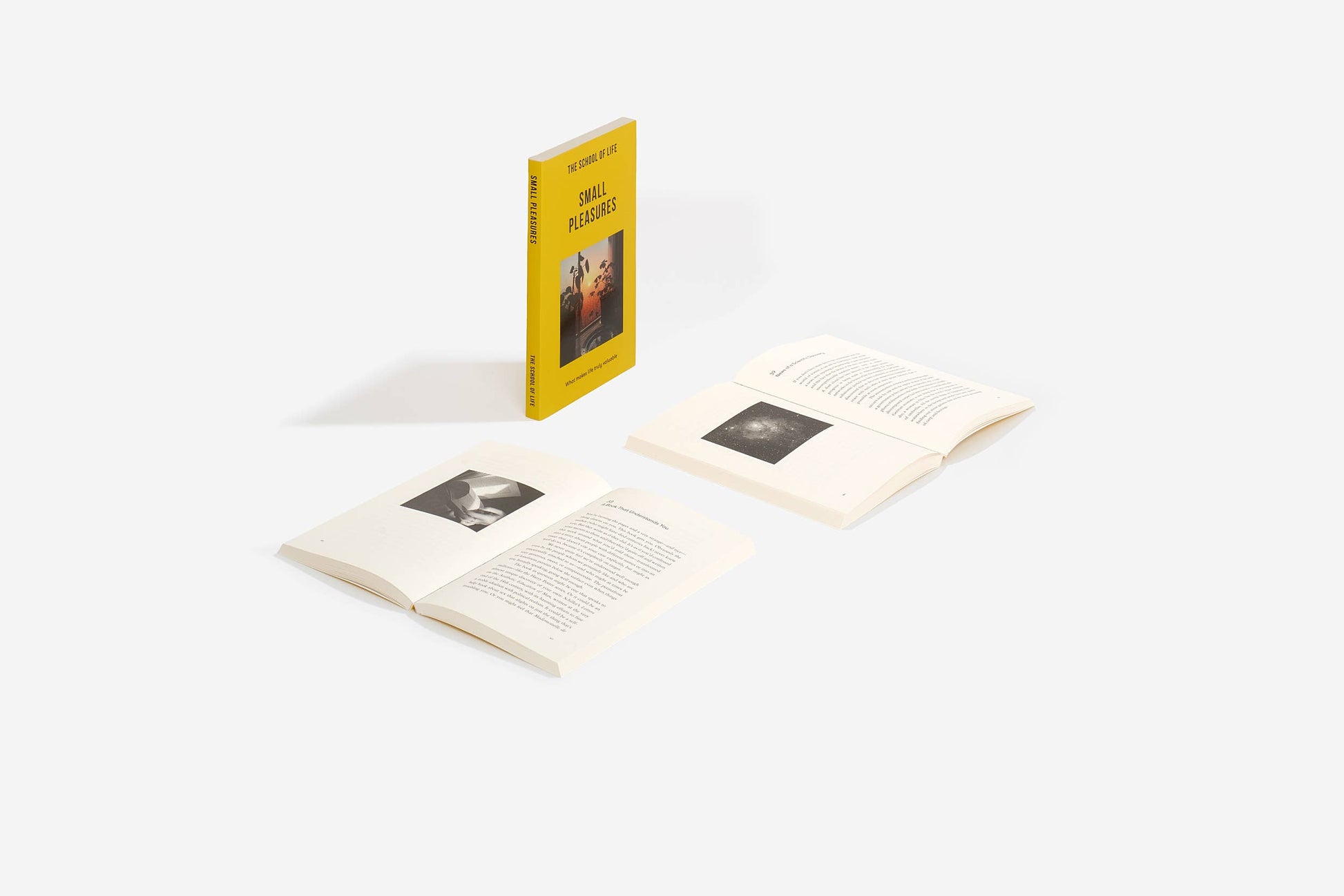 Two open books with black and white images on a white background