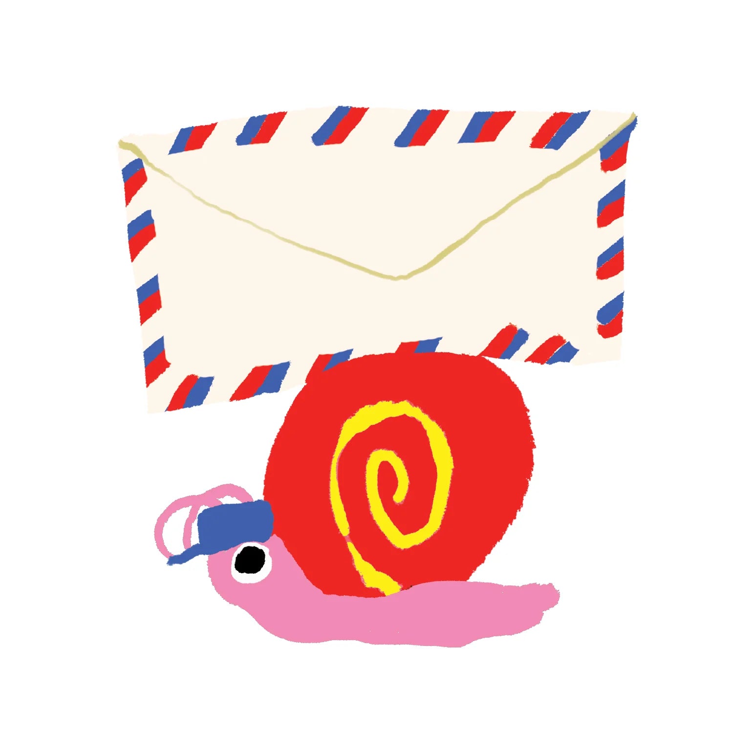 Vinyl sticker with an illustration of a pink snail with a red shell and an air mail envelope on a white background