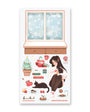 Sticker sheet with a woman, cat, and various items in front of a snowy window