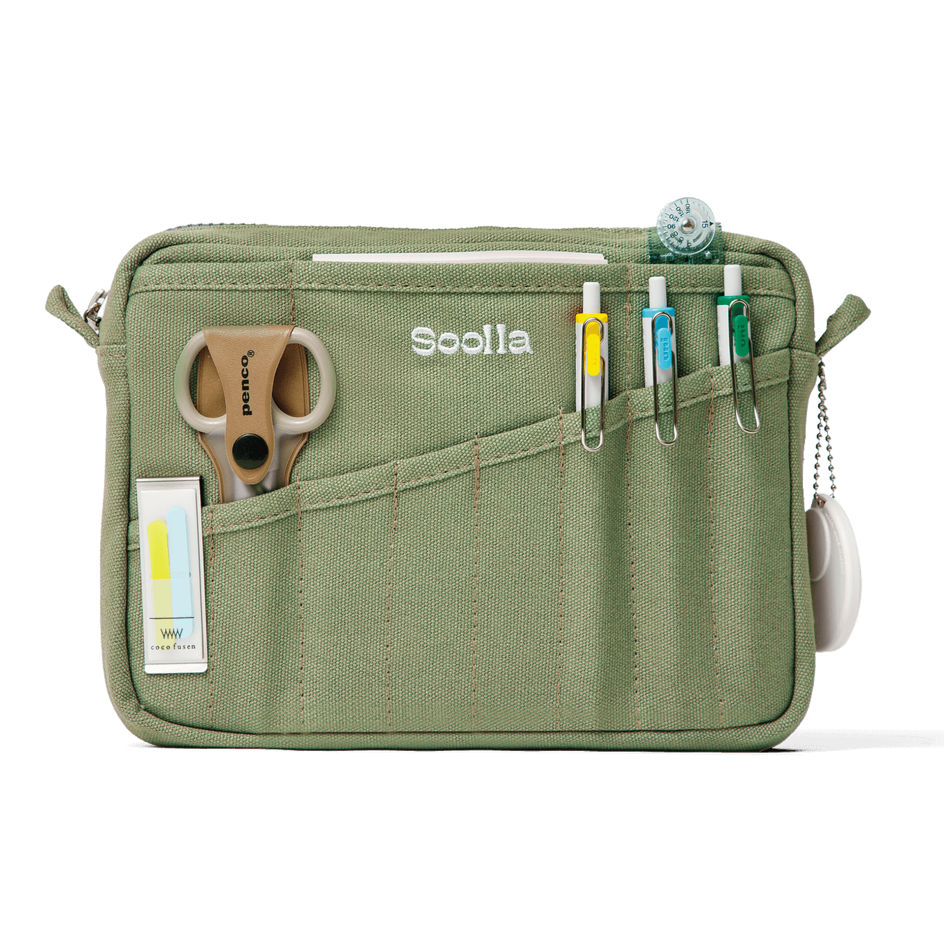 Green pouch with various tools and a visible brand logo on a white background