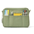 Green pouch with compartments holding stationery items on a white background