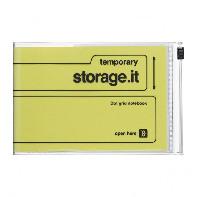 A clear plastic zippered storage case containing a lime yellow dot grid notebook with black printed text and guidelines. The brand name 'temporary storage.